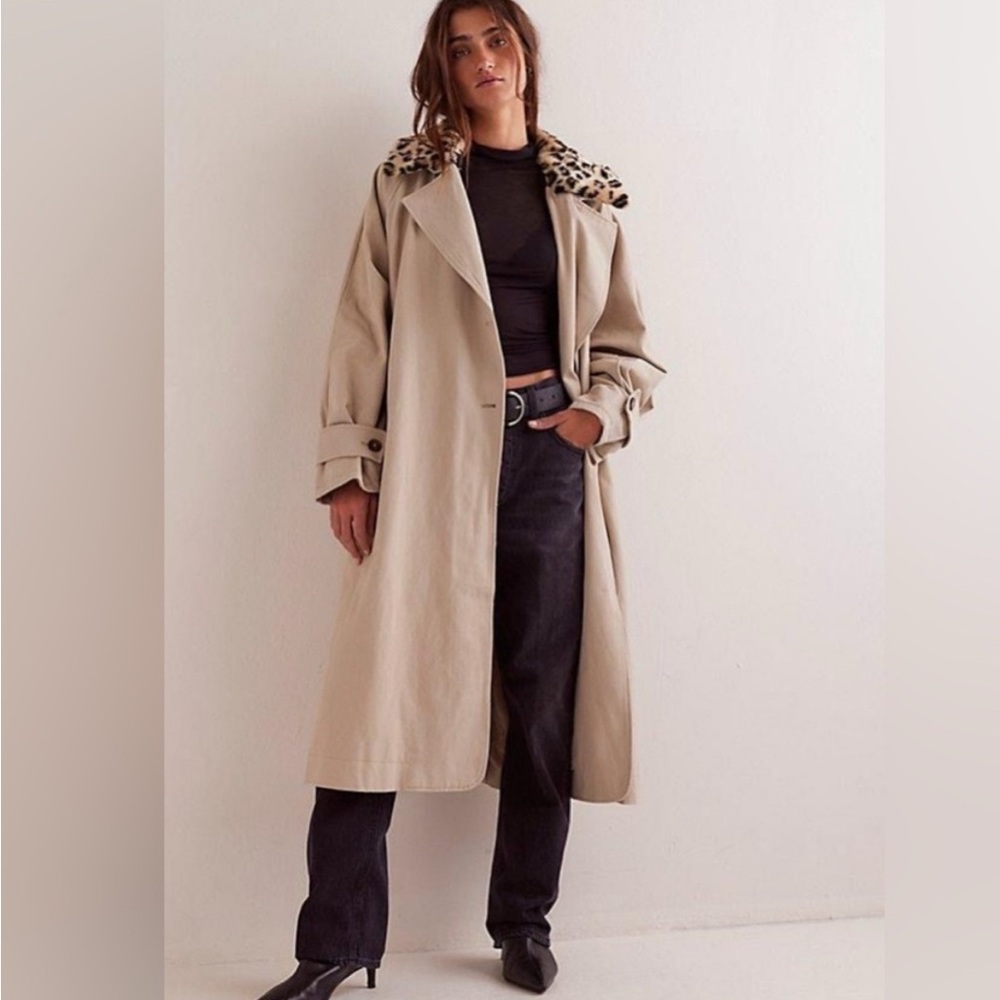 Free People x Revolve need it trench Tan French oak leopard print collar NWT